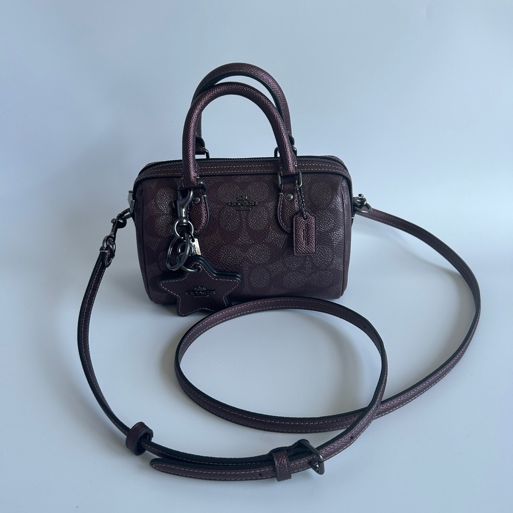 Coach Mini Rowan Metallic Plum Signature Leather Crossbody Bag Good - Picture 2 of 10